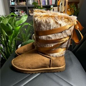 Y2K Fur Boots Bow On Back Mid Length